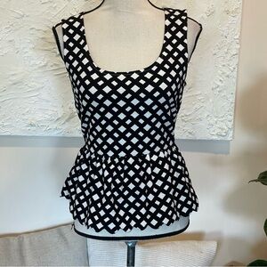 Anthro Postage Stamp Postcard Sleeveless Blouse Ruffle Peplum Black White Sz MP